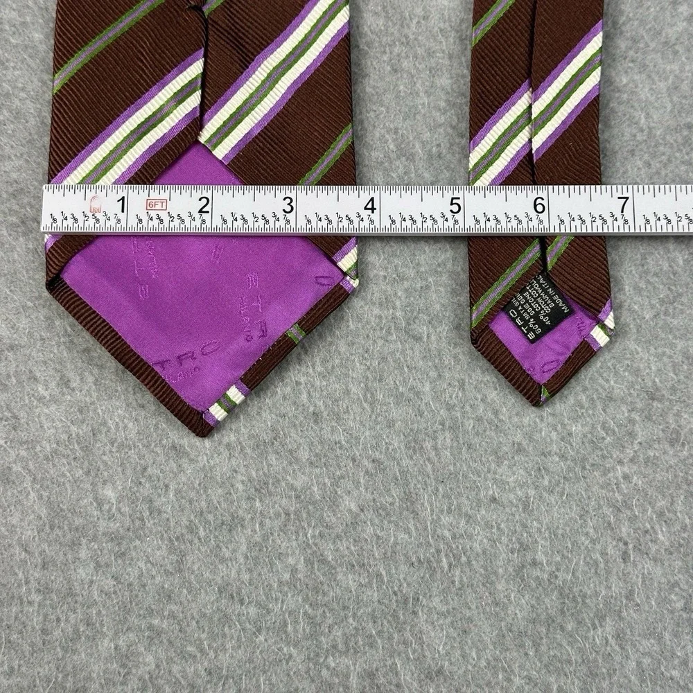 Etro Milano Italy Silk Cotton Brown Stripe Necktie Purple‎ Green 57x3.75
